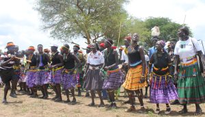 A cultural dance group performing during the Karamoja Cultural Event in Karenga District